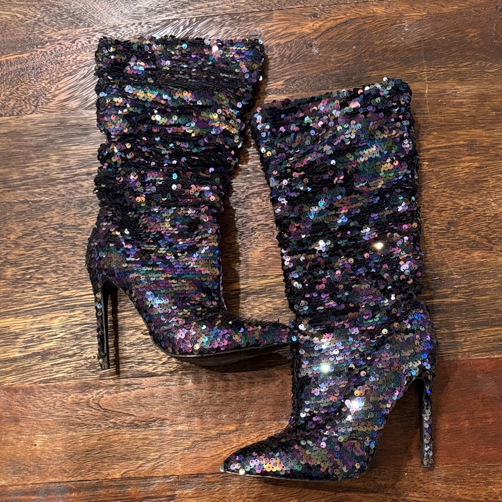 Sequin Stiletto Boots - purple hologram